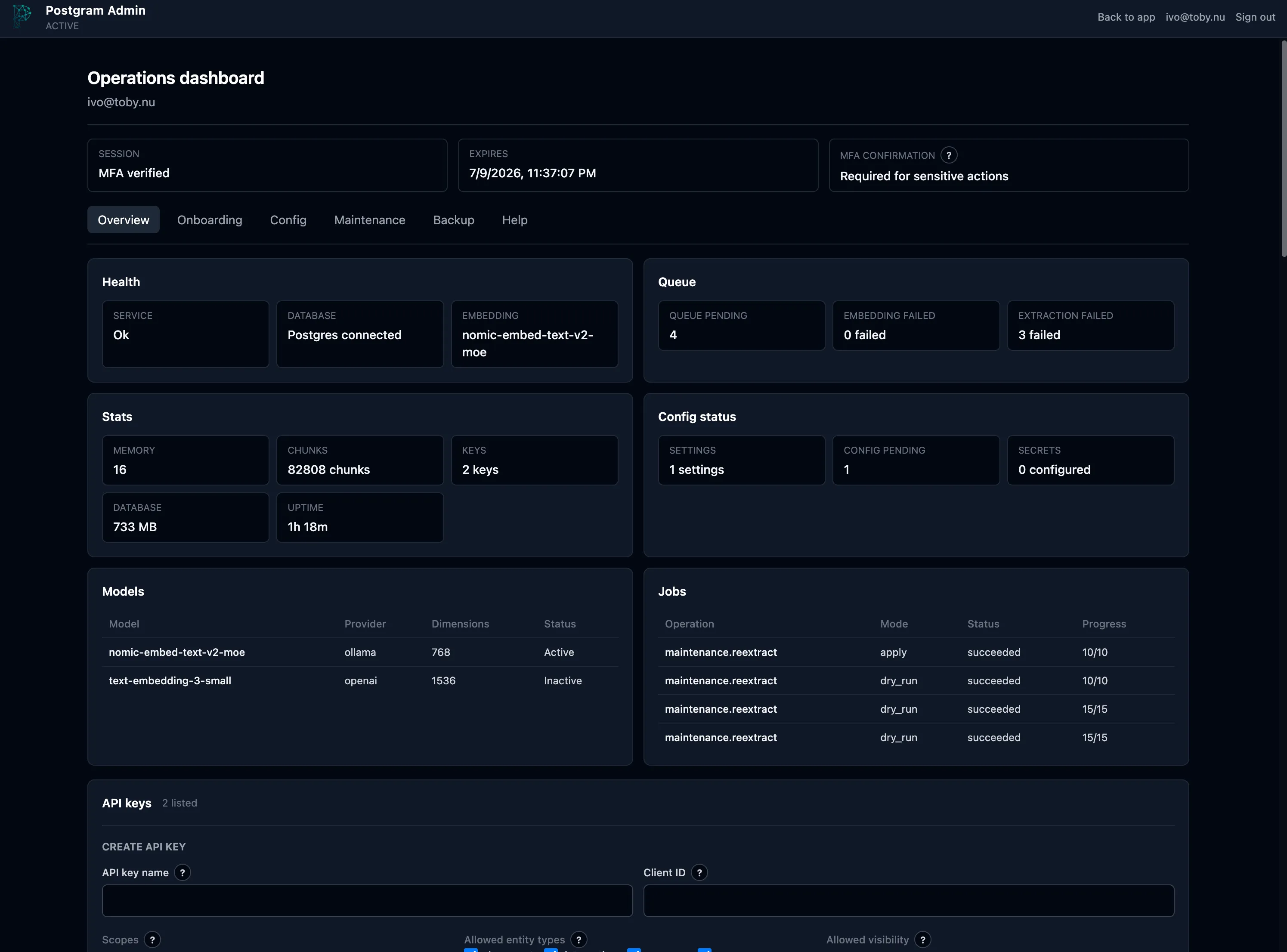 Postgram Admin operations dashboard showing health, queue, stats, configuration status, models, jobs, and API keys