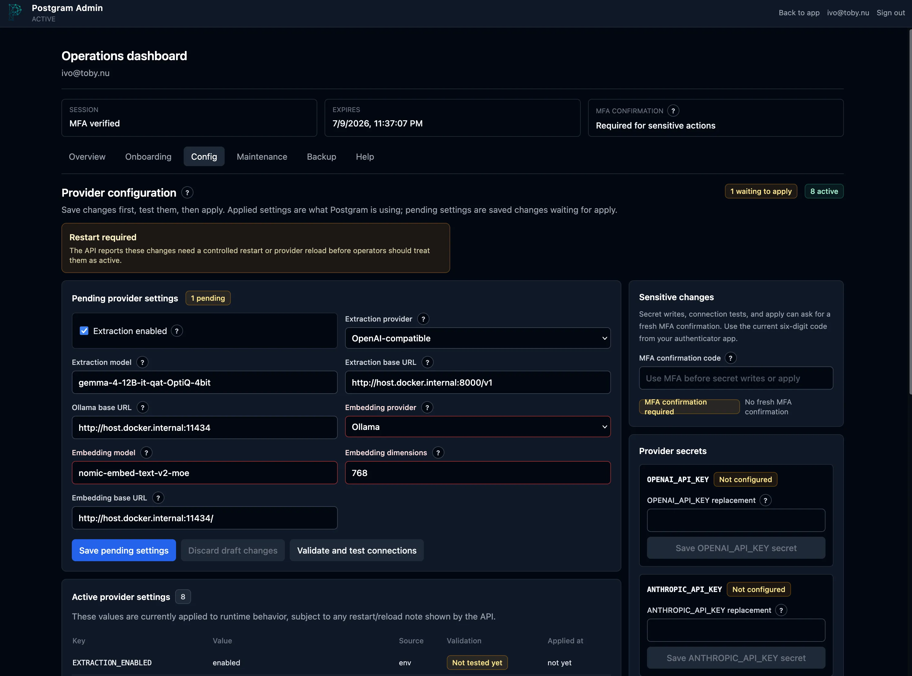 Postgram Admin provider configuration with pending settings, validation, MFA confirmation, and write-only provider secrets