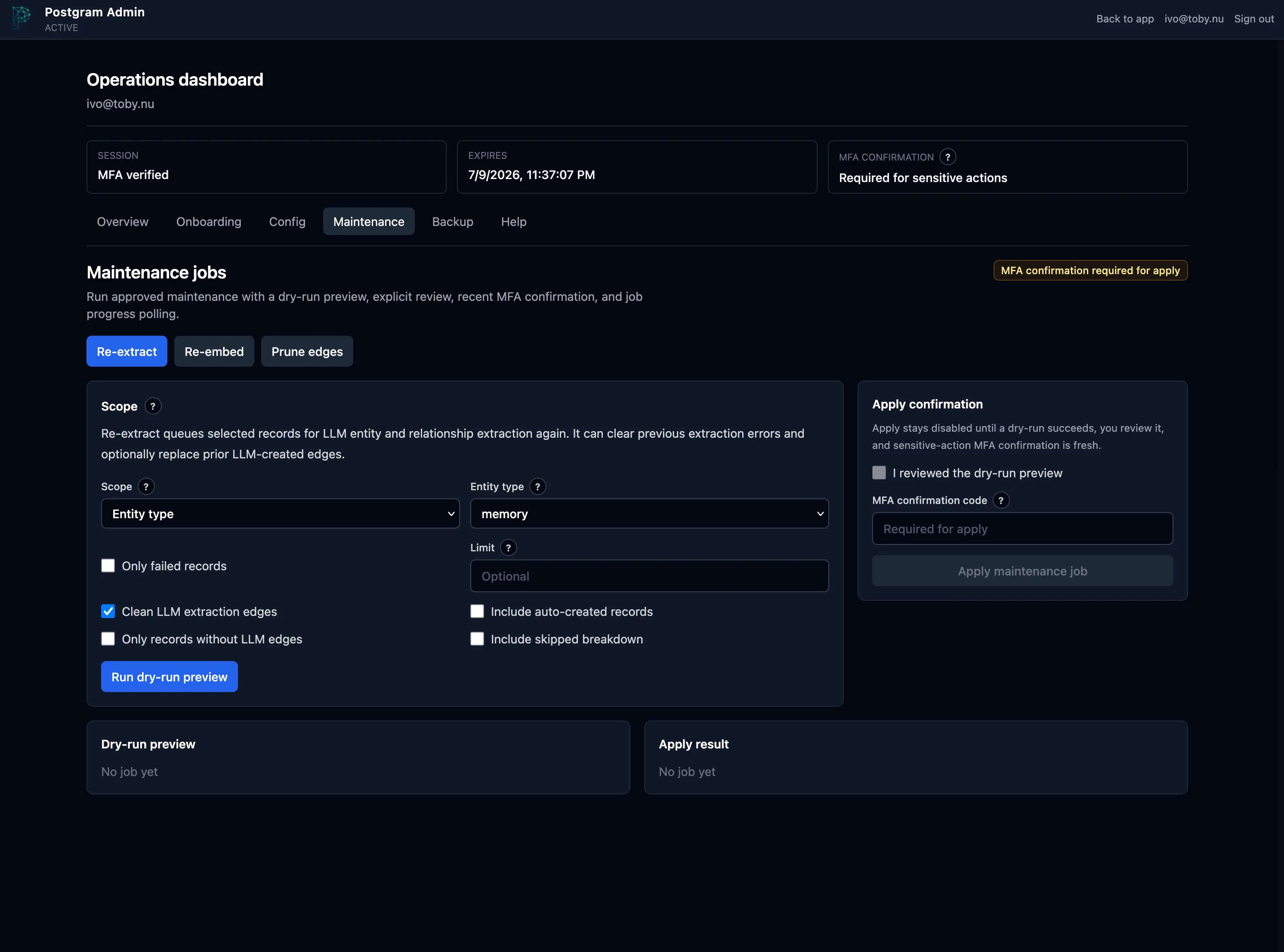 Postgram Admin maintenance screen for re-extraction, re-embedding, and edge pruning