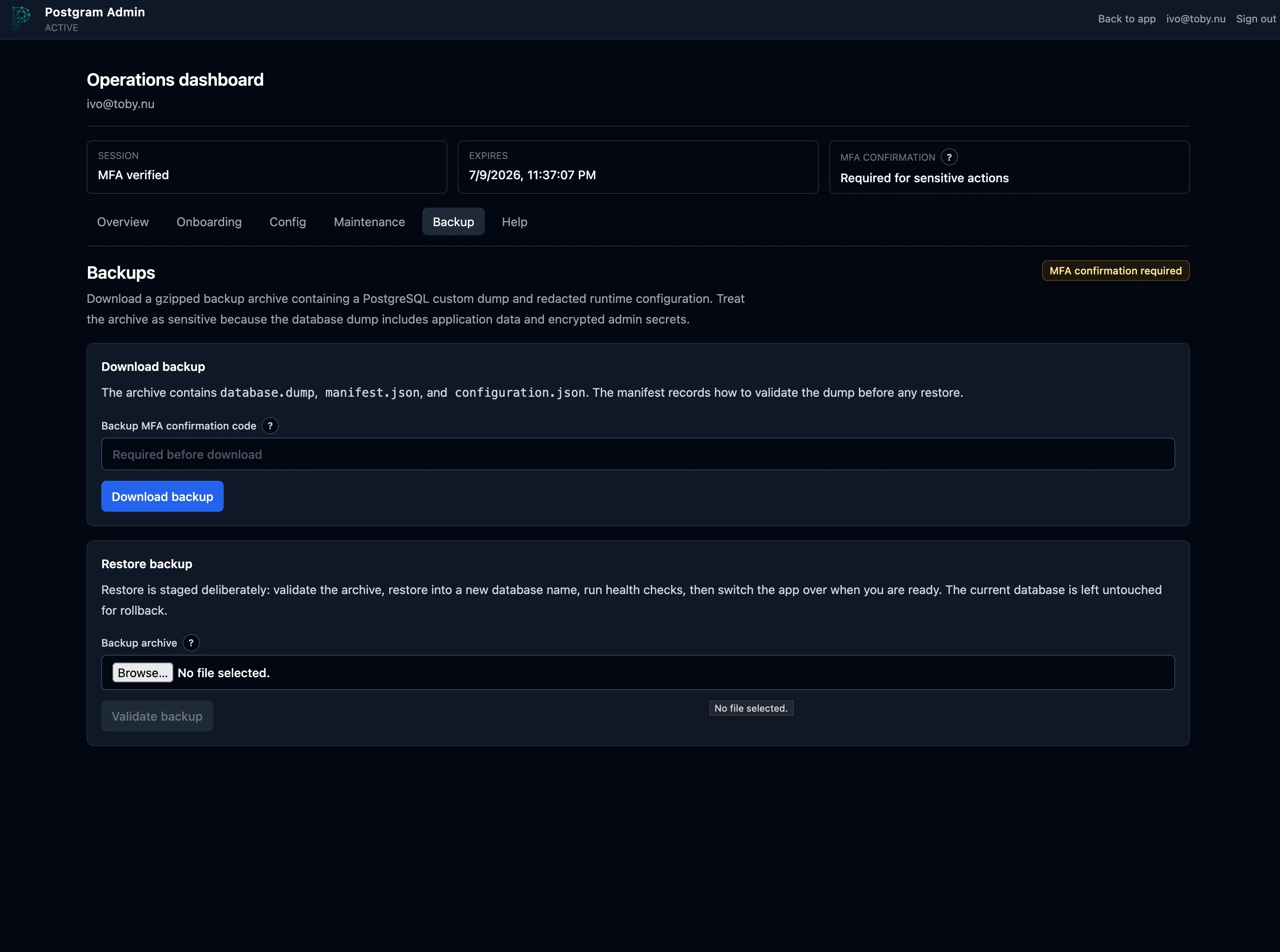 Postgram Admin backup and staged restore interface