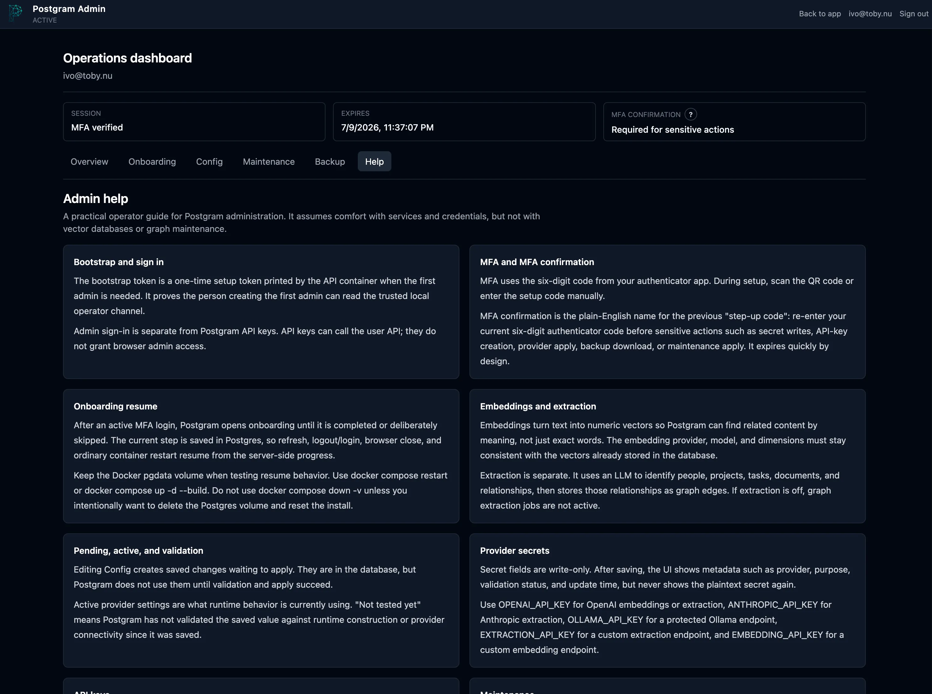 Postgram Admin help explaining bootstrap, MFA, onboarding, configuration, and provider secrets