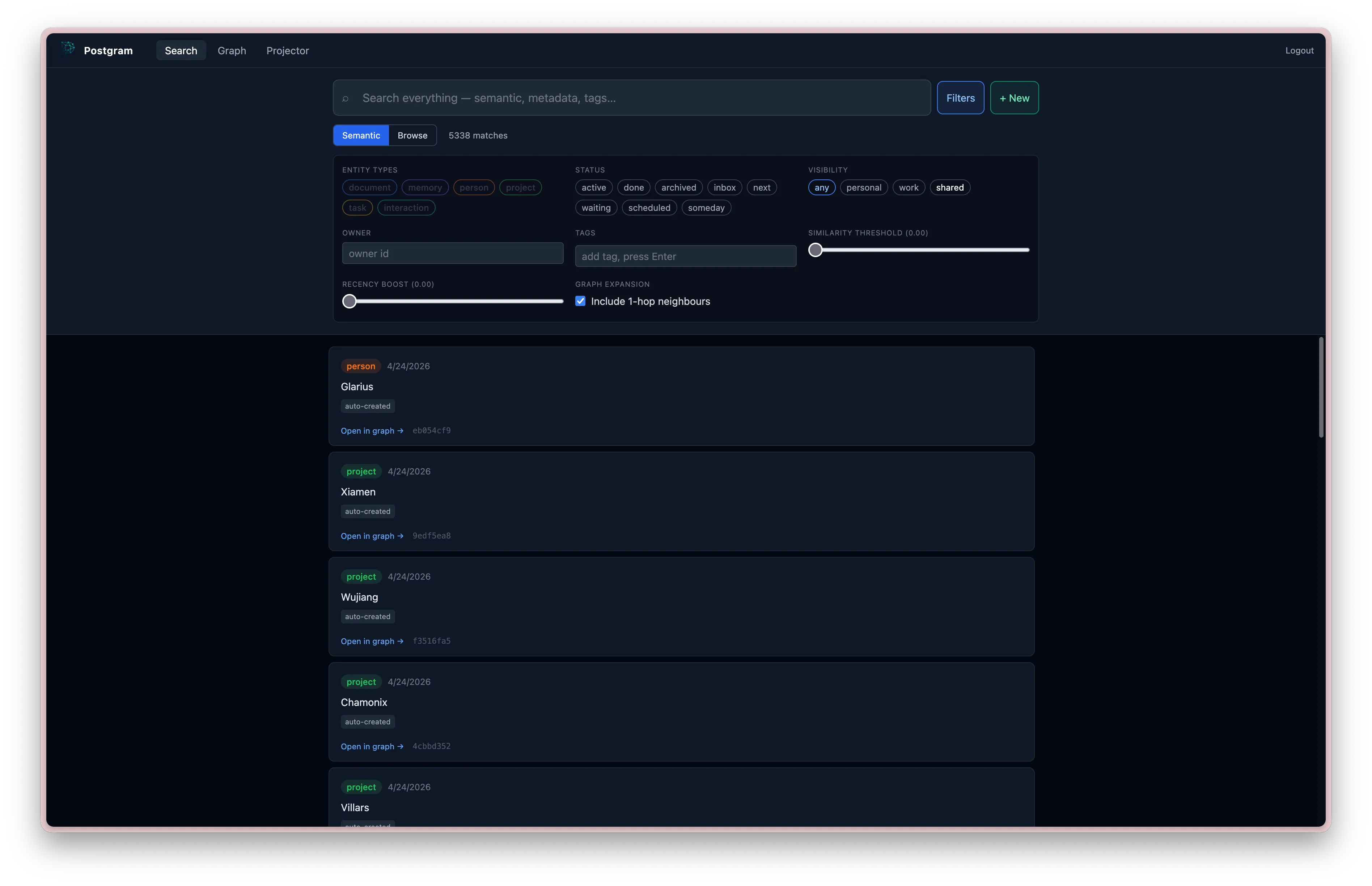 Postgram search interface showing ranked knowledge results